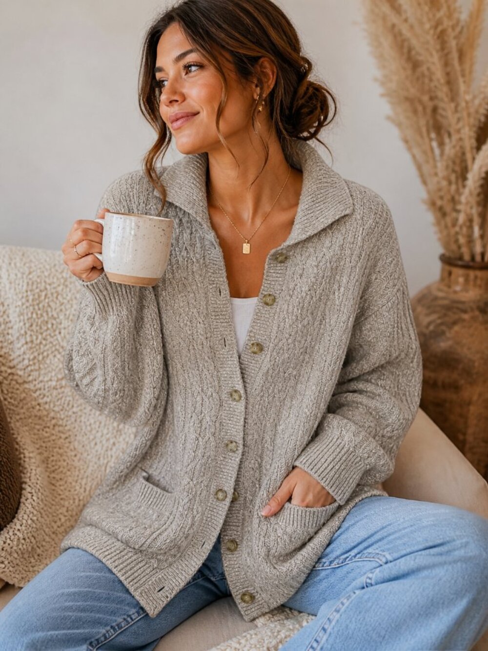 Liz Claiborne Cable Knit Cardigan Sweater | Oatmeal Button Front Cozy Classic